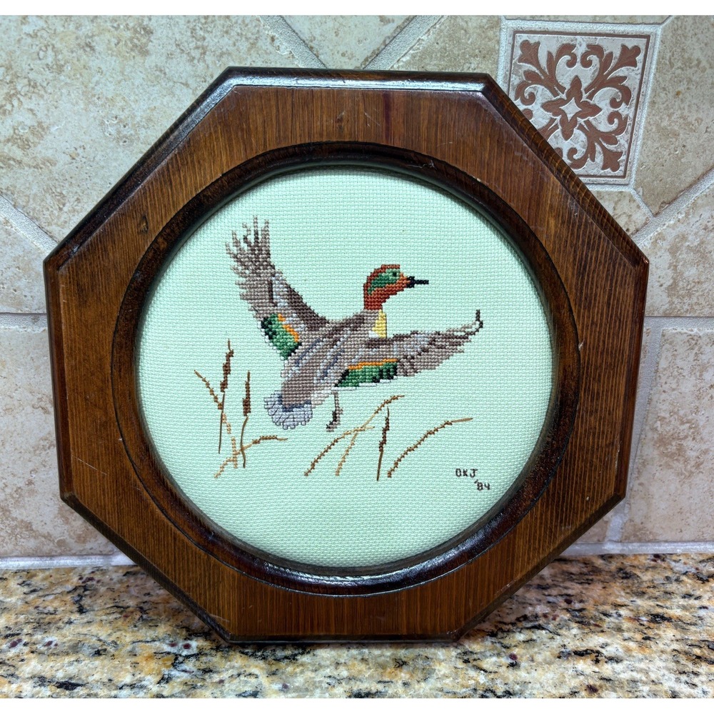 Vintage Duck Completed Cross Stitch 11x11 Frame Cottagecore Cabin Decor